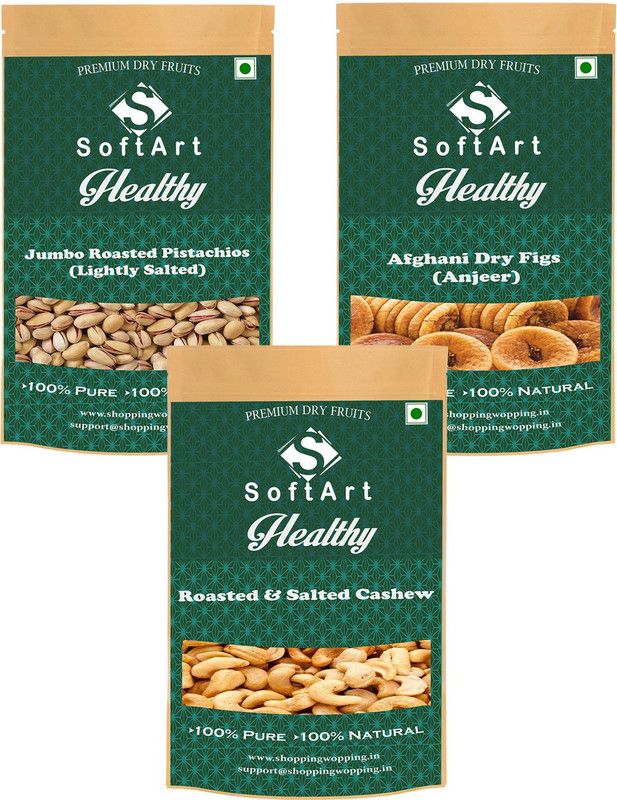 Soft Art Jumbo Roasted Pistachios, Afghani Dry Figs (Anjeer) & Roasted & Salted Cashew (250g Each) Vaccum Pack Pistachios, Figs, Cashews  (3 x 250 g)