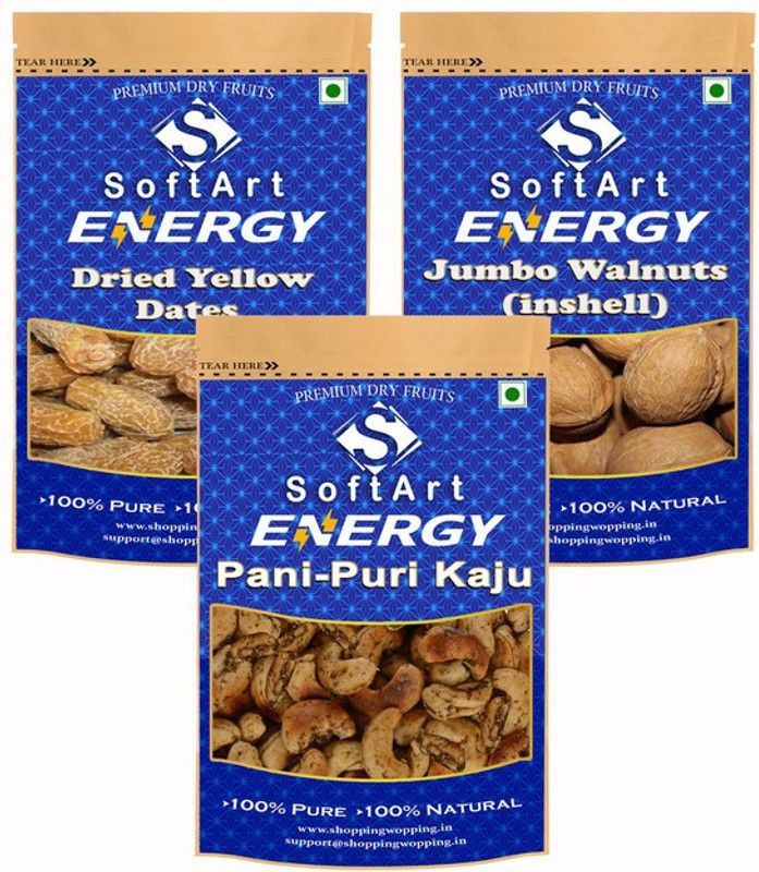 Soft Art Dry fruits combo of Yellow Dates,Walnut in Shell,Pani Puri Kaju (100g Each) Dates, Walnuts, Cashews  (3 x 100 g)