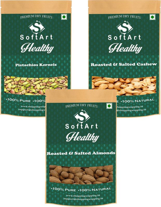 Soft Art Pistachios Kernels, Roasted & Salted Cashew Roasted & Salted Almonds (250g Each) Vaccum Pack Pistachios, Cashews, Almonds  (3 x 250 g)