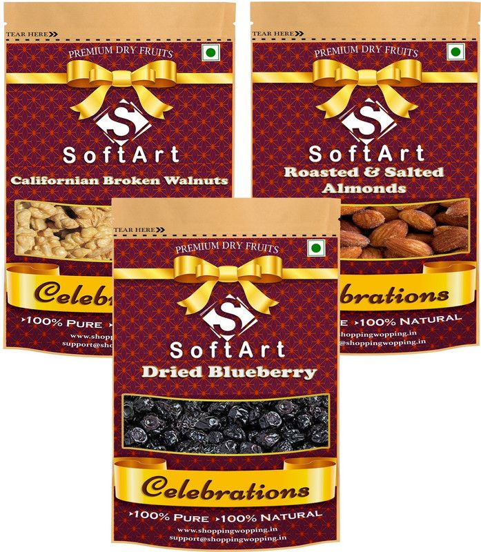 Soft Art Dry fruits combo of Broken Walnuts,salted Californian Almonds & blueberry (100g Each) Walnuts, Almonds, Blueberry  (3 x 100 g)