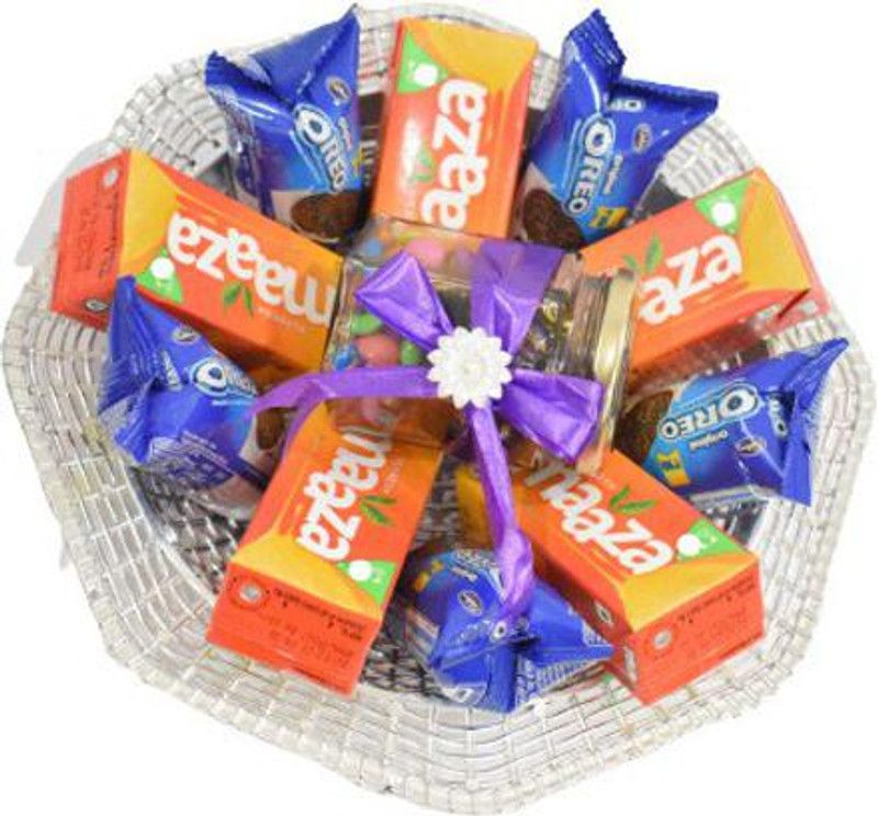 Uphar Creations Oreo Mango Juice Basket For Mango Lovers With Chocolate Jar| Gift Hampers| Combo  (Jali Basket-1, Mazza-5, Oreo Biscuits-5, Chocolate Jar-1)
