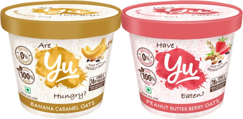 Yu Foodlabs Oats Bowl - Banana Caramel + Peanut Butter Berry Combo - Ready Instant Meal - Pack of 2 350 g