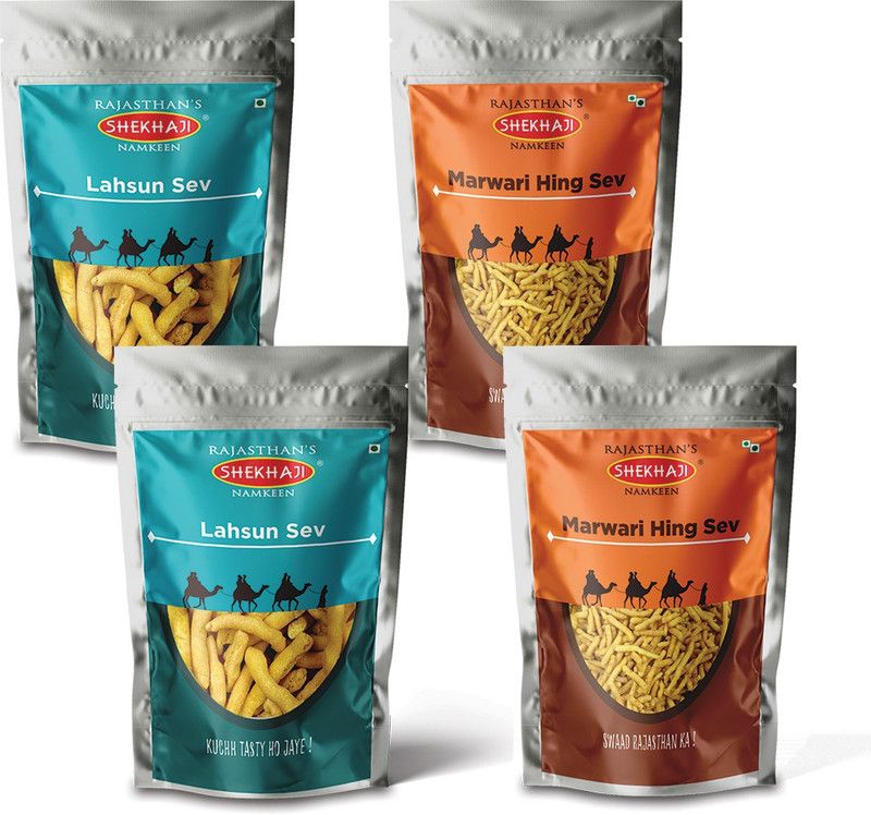 shekhaji Shekaji Lehesun sev and Marwari Heeng sev (Pack of 4-200gm each) | No Preservatives | Authentic Handmade Evening Snack from Rajasthan  (4 x 200 g)