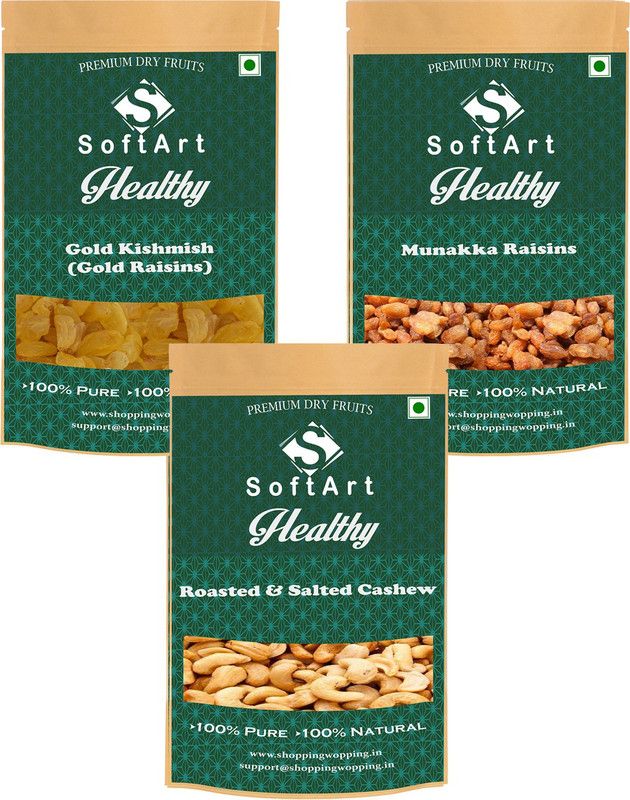 Soft Art Gold Kishmish (Gold Raisins), Munakka Raisins And Roasted & Salted Cashew (250g Each) Vaccum Pack Raisins, Cashews  (3 x 250 g)