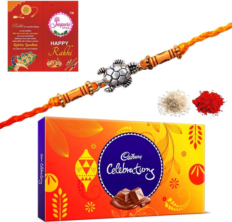 Jaipuri Shop Cdbry Celebrations Chocolate Box 127gm 925 Sterling Silver Tortoise 1 Rakhi for Brother S-1jSLVRKACUACELEBRTIN Combo  (Cadbury Celebrations Chocolate Box 127gm, Tortoise 1 Rakhi, 1 Set Roli Chawal, 1 Rakhi Greeting Card)