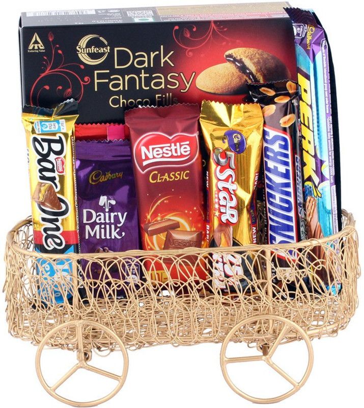 SurpriseForU Chocolate Gift | Antique Handmade Basket With Creamy Chocolates Combo  (Metal cart-BarOne-Dairy-Nestle-5Star-Snicker-Perk-Dark Fantasy)