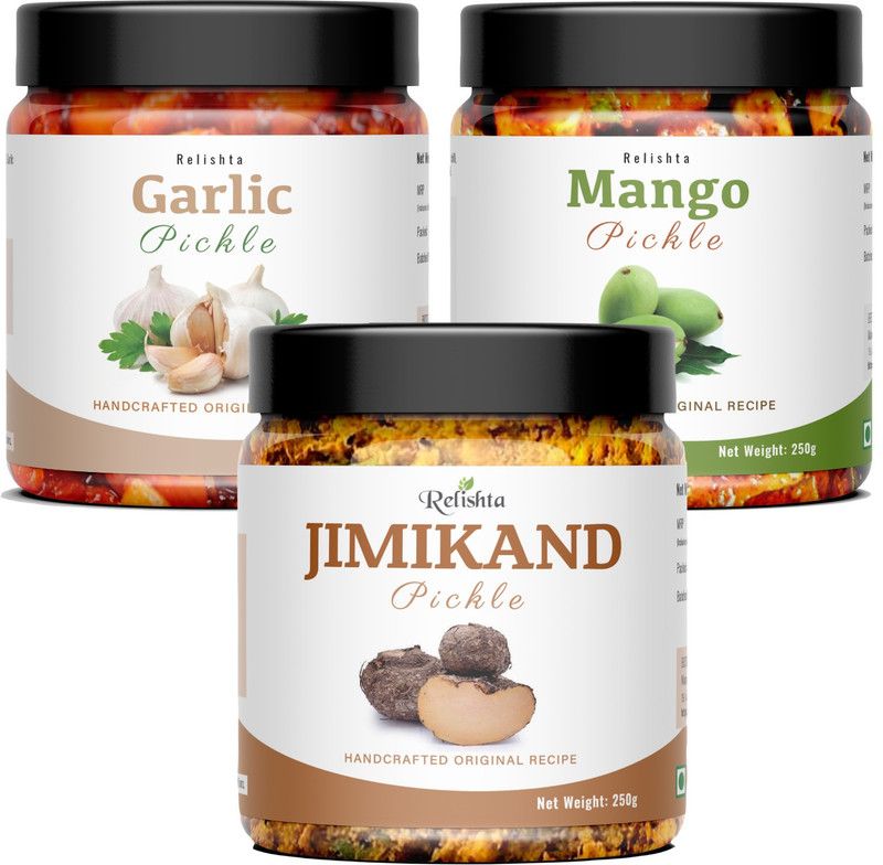 Relishta Jimikand Garlic & Mango Pickle Suran Ka Achar Combo (3x250G) Less Oil Homemade Mixed Vegetable Pickle  (3 x 250 g)