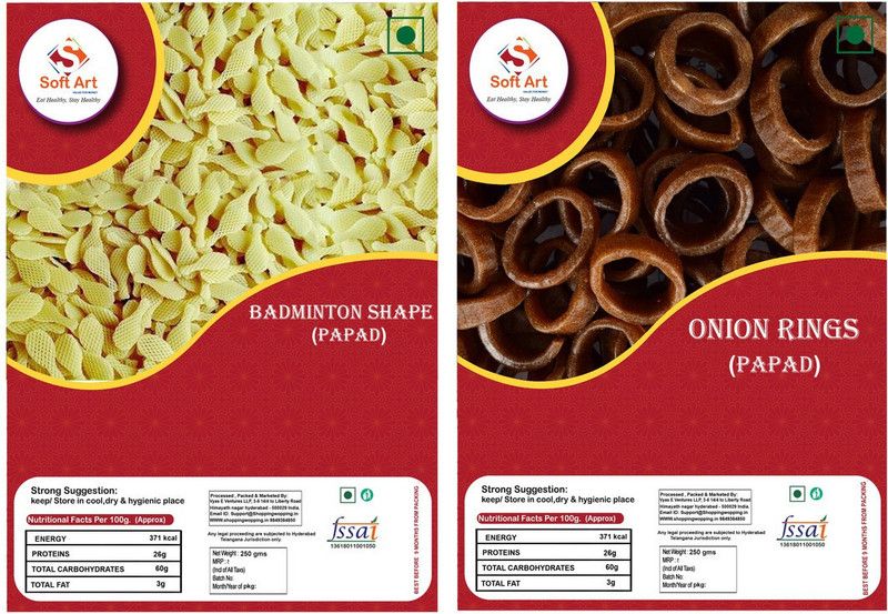 Soft Art Home Made Badmintion Shape Fryums, and Onion Shape Fryums (250g Each) Fryums 500 g  (Pack of 2)
