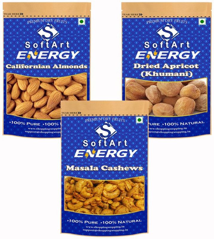 Soft Art Dry fruits combo of Californian Almonds,Apricot,Masala Kaju (100g Each) Almonds, Apricots, Cashews  (3 x 100 g)