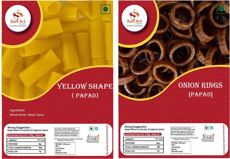 Soft Art Home Made Yellow Shape Fryums, and Onion Shape Fryums (250g Each) Fryums 500 g  (Pack of 2)