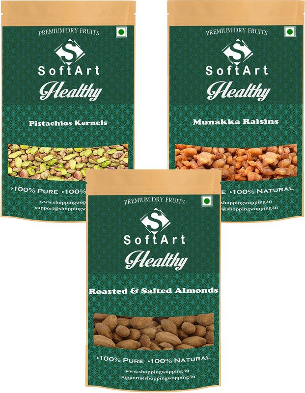 Soft Art Pistachios Kernels, Munakka & Raisins Roasted & Salted Almonds (250g Each) Vaccum Pack Pistachios, Raisins, Almonds  (3 x 250 g)