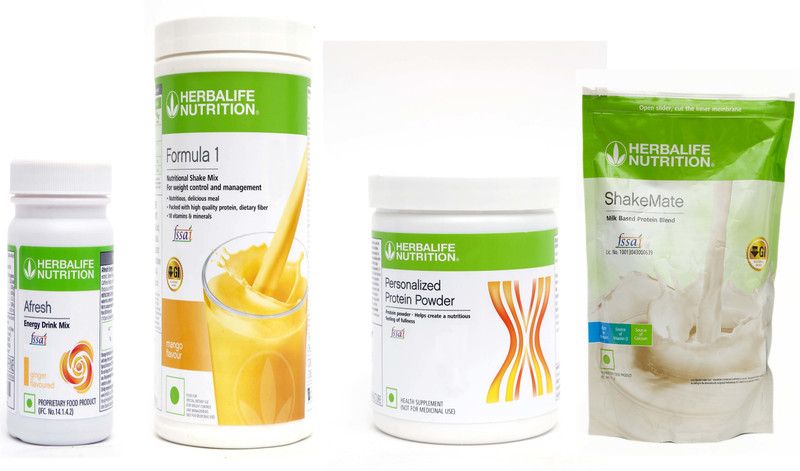 HERBALIFE Weight Loss Super Combo With ( Formula 1 Nutritional Shake Mix - Mango Flavor + Personalized Protein Powder 200 Gram + Afresh Energy Drink Mix - Ginger Flavor + Shake Mate Milk Powder - Vanilla Flavor ) Combo  (1250 Grams)