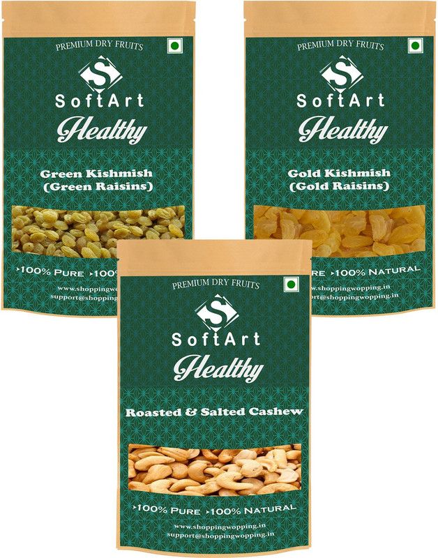 Soft Art Green Kishmish (Green Raisins), Gold Kishmish (Gold Raisins) & Roasted & Salted Cashew (250g Each) Vaccum Pack Raisins, Cashews  (3 x 250 g)