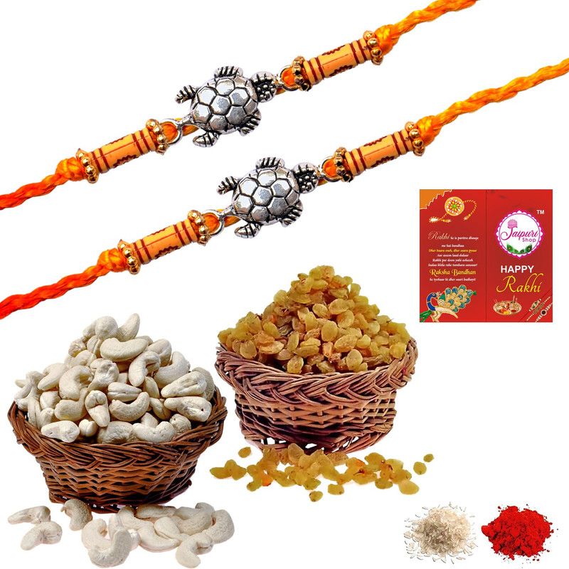 Jaipuri Shop Dry Fruits Mixed Cashew-Raisins (100Gm) With 925 Sterling Silver Tortoise 2 Silver Rakhi for Brother S-1f2SLVRKACUAKA1KI Combo  (5)