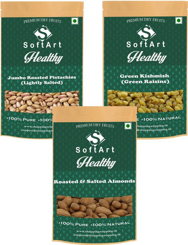 Soft Art Jumbo Roasted Pistachios, Green Kishmish (Green Raisins) & Roasted & Salted Almonds (250g Each) Vaccum Pack Pistachios, Raisins, Almonds  (3 x 250 g)