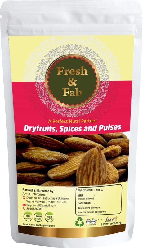 Fresh & Fab 100% Natural and Fresh Salted Almond Nuts | (Badam - Salt Flavour) |900 gm - Pack of 1 Almonds  (900 g)