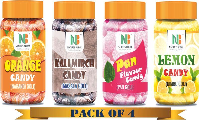 Nature's Bridge Sweet Candy (Orange, Pan, Kalimirch Masala, Lemon Flavour) Combo Jar Pack of 4 each 200 Gm / Orange Candy / Pan Candy / Kalimrich Masala Candy Lemon Candy Orange, Pan, Masala Candy  (4 x 0.2 kg)