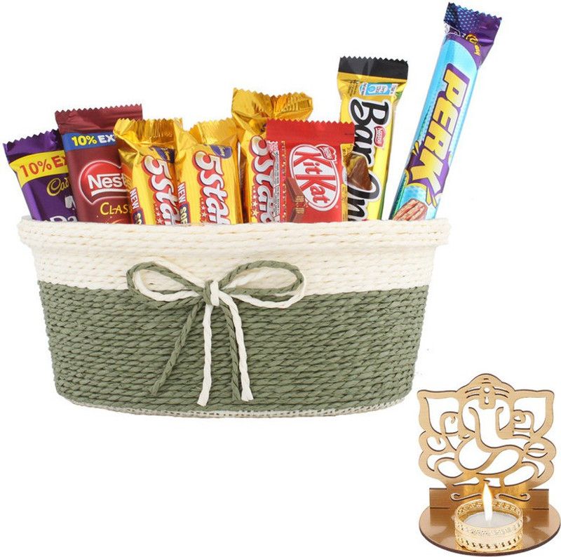 SurpriseForU Chocolate Combo Basket | Diwali Gift | Shadow Ganesh Diya | Diwali Chocolate Hamper Combo  (Basket , 1 Nestle Classic (18g) , 3 5Star (25g) , 1 BarOne (22g) , 1 Perk (13g) , 1 Dairy Milk (13.2g) , 1 Kitkat (12.8g) , 1 Shadow Ganesh Diya)