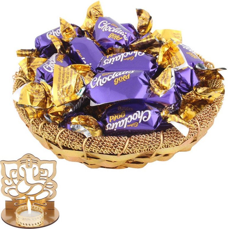 SurpriseForU Tasty Choclairs Gold Chocolates Gift Hamper | Diwali Gift | Shadow Ganesh Diya | Diwali Chocolate Hamper Combo  (1 Golden Katory & 15 Choclairs , 1 Shadow Ganesh Diya)
