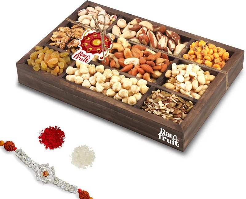 HyperFoods RawFruit Jumbo 9 Dry Fruit Combo Dark Wood Gift Box with Rakhi | Premium Dried Fruit Berries Combo Gift Pack with Greeting Card | Rakhi Rakshabandhan Bhaidooj Gift for Brother Sister Bhabhi  (9 x 133.33 g)