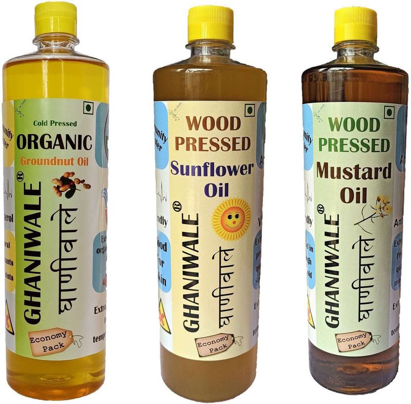 GHANIWALE Cold Pressed Groundnut Oil(1L) + Sunflower Oil(1L) + Mustard Oil(1L) Trio Pack Combo  (1Liter x 3)