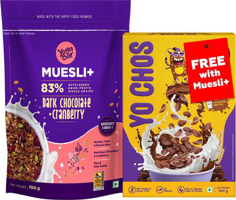 Yogabar High Protein Dark Chocolate Muesli 700g with Yo Chos Chocos 345g Pouch  (2 x 0.52 kg)