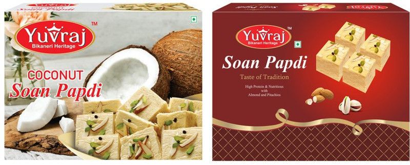 Yuvraj Food Product Coconut & Elaichi soan papadi Sweets combo pack of 2 ( 400 Gm x 2 ) box pack Box  (2 x 400 g)