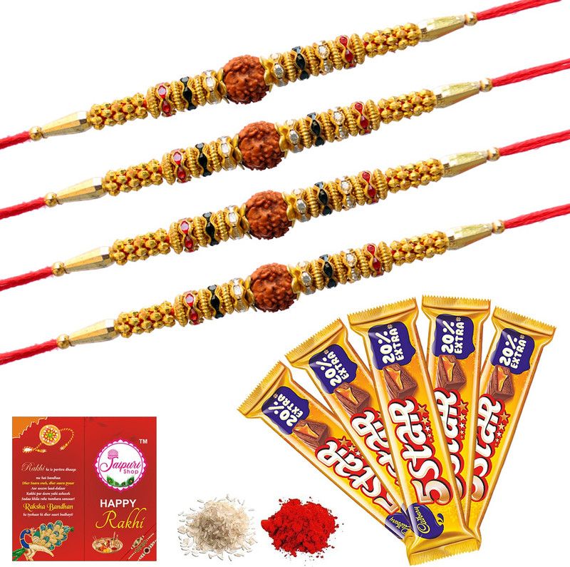 Jaipuri Shop 5Star Chocolate 110Gm (5Pc.) With Multicolor Religious Rudraksha 4 Rakhi Set Combo  (7)