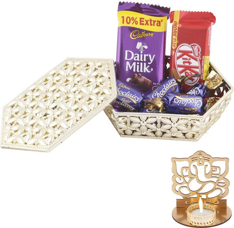 SurpriseForU Little Chocolate Celebration | Diwali Gift | Shadow Ganesh Diya | Diwali Chocolate Hamper Combo  (1 Golden box , 1 Kitkat (12.8g) , 1 Dairy Milk (13.2g) , 5 Choclairs , 1 Shadow Ganesh Diya)