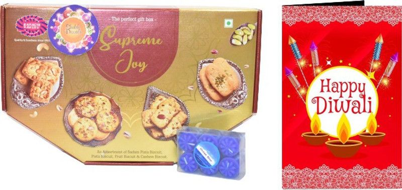 Uphar Creations Supreme Joy Cookies Gift Pack With Blue Ocean Candle Set And Diwali card | Diwali Gifts| Chocolate Gifts| Combo  (Supreme Joy Cookies Gift Pack-1| Diwali Card-1 | Diwali Candle Holder-1)