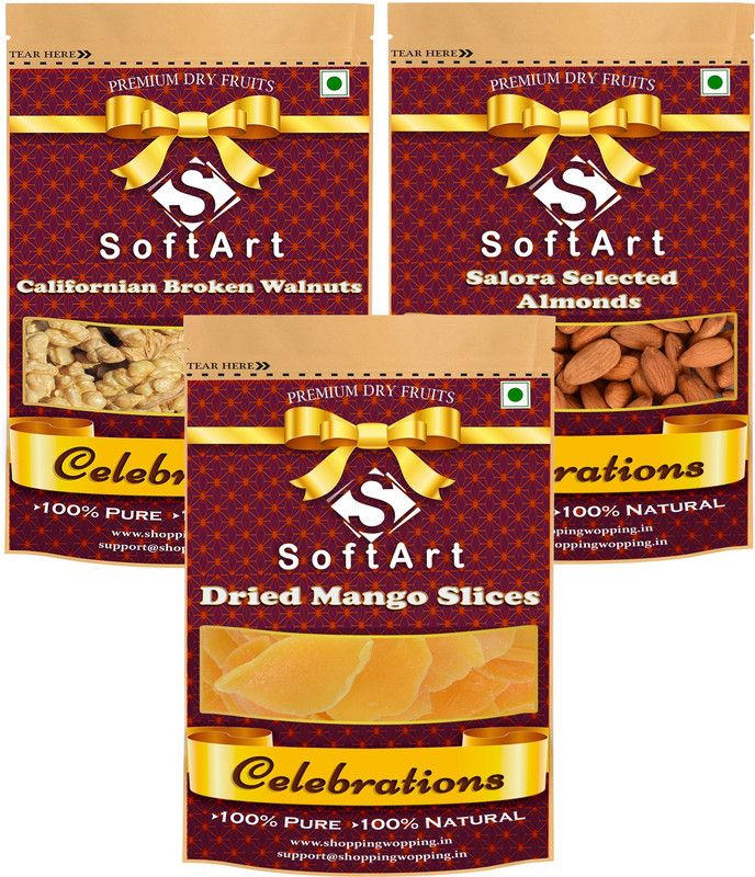 Soft Art Dry fruits combo of Broken Walnuts, Salora Selected Almonds & Mango Slice (100g Each) Walnuts, Almonds, Mango  (3 x 100 g)