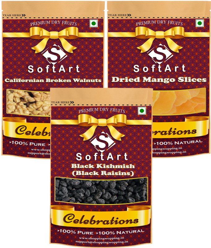 Soft Art Dry fruits combo of Broken Walnuts, Mango Slice & Black Kishmishr (100g Each) Walnuts, Mango, Raisins  (3 x 100 g)