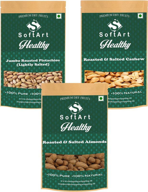 Soft Art Jumbo Roasted Pistachios, Roasted & Salted Cashew,Roasted & Salted Almonds (250g Each) Vaccum Pack Pistachios, Cashews, Almonds  (3 x 250 g)
