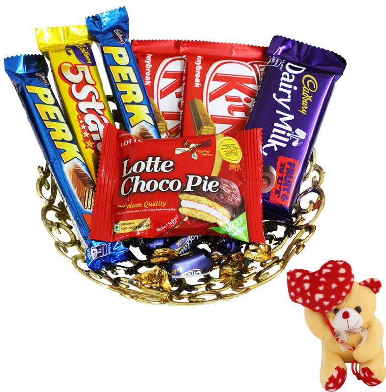 SurpriseForU Heart Teddy With Premium Chocolate Gift For Valentine's Day | 50 Combo  (Lotte Choco Pie,Perk,Kitkat,5Star,Dairy Milk Fruit N Nut,5 Choclairs)