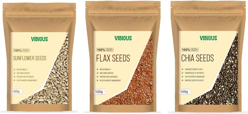 VIBIOUS Pack of 3 Edible Raw Seeds of Chia, Flax & Sunflower 300g(100gX3)  (300 g, Pack of 3)