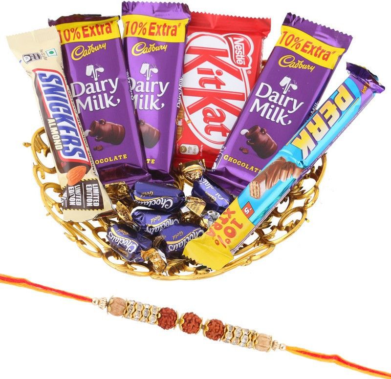 Cadbury Delicious Chocolate Basket With Rudraksh Rakhi | 3 Rudraksha Rakhi For Brother | Chocolate Gift For Rakhi | Rakhi Gift | 3RDR45 Combo  (Tray-Snicker Almond-3 Dairy-KitKat-Perk-5 Eclairs.)