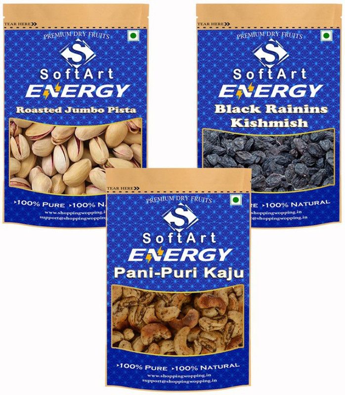 Soft Art Dry fruits combo of Jumbo Pista,Black kishmish,Pani Puri Kaju (100g Each) Pistachios, Raisins, Cashews  (3 x 100 g)