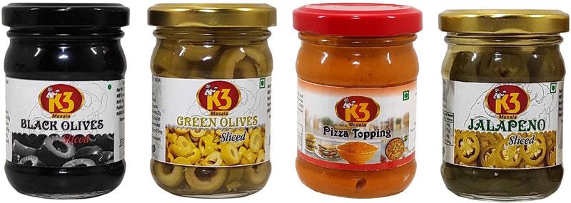 K3 Masala Pizza Topping (100gm),Green olives Sliced (120 gm) and Black olives Sliced (120 gm),Jalapeno (120gm)(Pack of 4) Olives  (460 ml, Pack of 4)