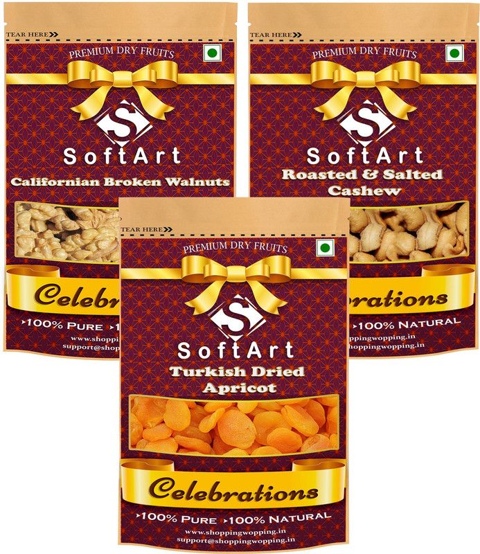 Soft Art Dry fruits combo of Broken Walnuts,Salted Kaju & Turkish (100g Each) Walnuts, Cashews, Apricots  (3 x 100 g)