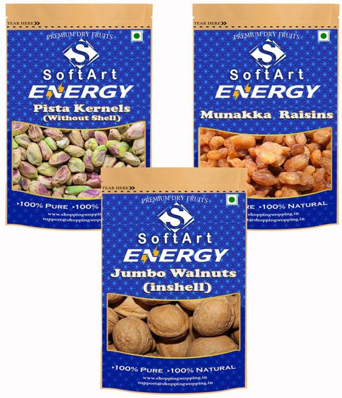 Soft Art Dry fruits combo of Pista Kernels,Munakka,Walnut in Shell (100g Each) Pistachios, Raisins, Walnuts  (3 x 100 g)