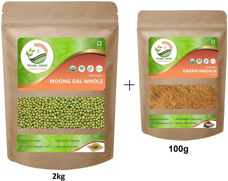 Simply Jaivik Moong Dal Whole 2000g Organic- Green Gram Moong Dal With 100g Garam Masala Combo  (2kg Moong Dal_100g Garam Masala)