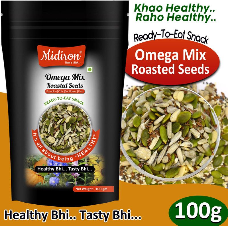 Midiron Omega Mix Seed, Super seed Mixed, Roasted 4-in-1 Healthy seed Pack, (Pumpkin, Flax, Chia, Sunflower) Ready to eat Snack (100 Gm) Pumpkin Seeds, Sunflower Seeds, Brown Flax Seeds, Chia Seeds  (100 g)