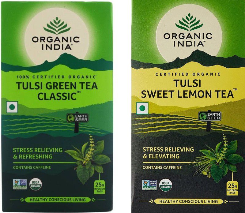 ORGANIC INDIA Tulsi Green Tea Classic 25 Tea Bag & Tulsi Sweet Lemon Tea 25 Tea Bag Lemon Tea Bags Box  (2 x 25 Bags)