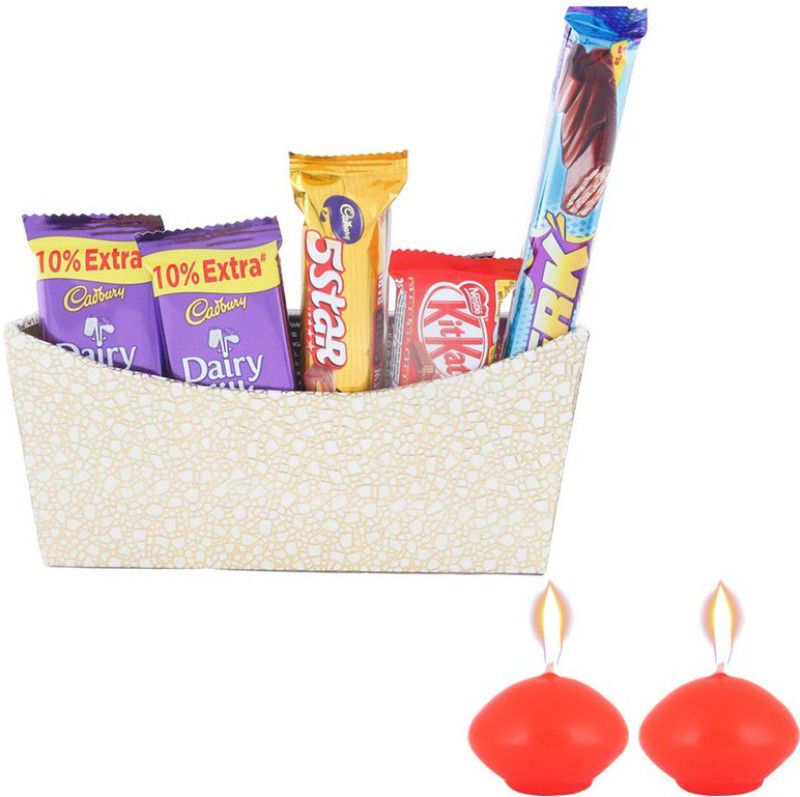SurpriseForU Chocolate Celebration With Premium Golden Basket | Diwali Chocolate Box | Diwali Gift Box | Diwali Candle | Diwali Chocolate Combo  (1 Basket , 1 5Star (25g) , 1 Kitkat (12.8g) , 2 Dairy Milk (13.2g) , 1 Perk (13g). , 2 Candles)