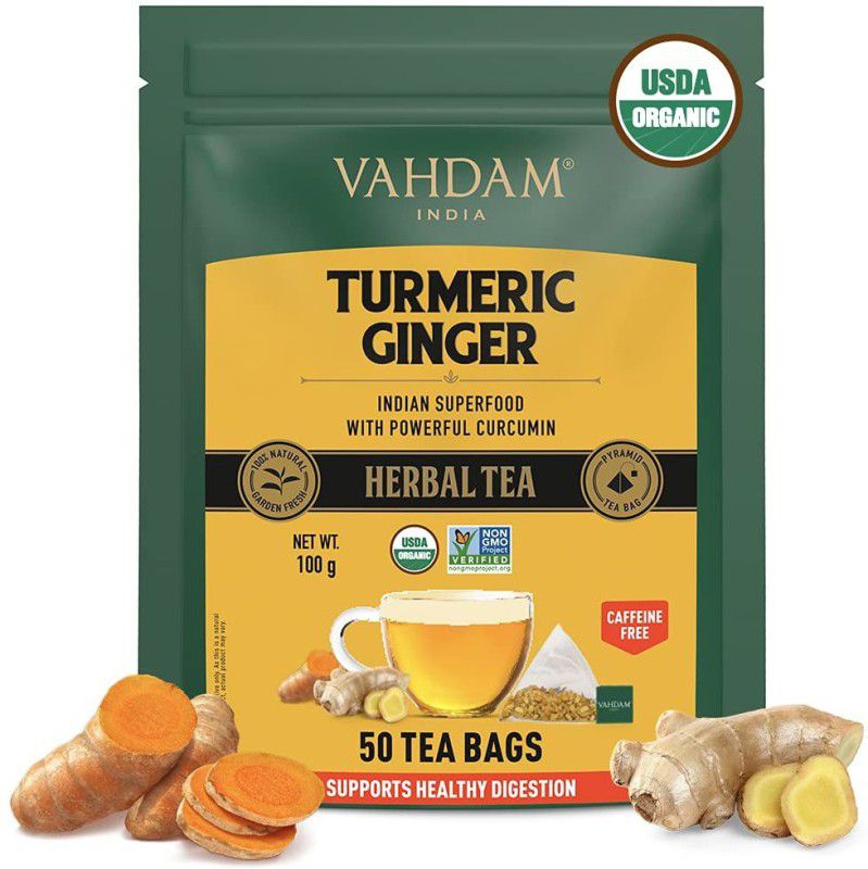 Vahdam Turmeric Ginger herbal tea - 50 Tea Bags | Support Healthy Digestion Unflavoured Tea Box  (50 Sachets)