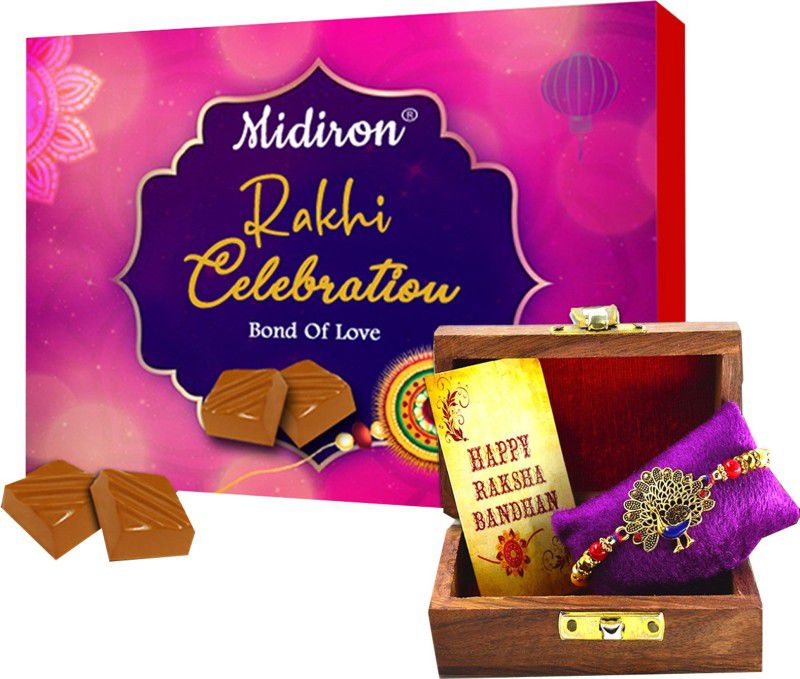 Midiron Rakhi Gift, Rakhi with Chocolate gift for Brother, Rakhi for brother, Rakshabandahn Gift for brother ( Rakhi, Chocolate) Combo  (1 Chocolate Box:: 1 Rakhi in wooden box:: 1 Rakhi Tag)
