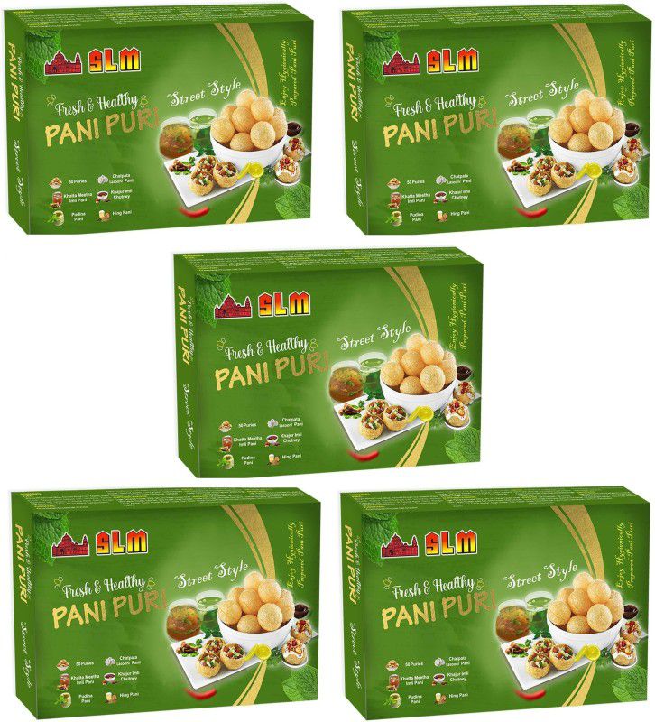 SLM Spices Pani Puri Golgappe Puchka kit (Pack of 5, Each 250g) With 50Pcs Puris in each packet and 4 different flavours Pudhina Pani, Hing Pani, Lasooni Pani, Khatha Metha Imli Pani and khajuri Imli Chutney  (5 x 250 g)