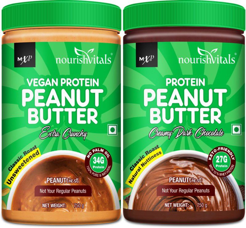 nourishvitals Vegan Peanut Butter (Extra Crunchy) + (Creamy Dark Chocolate) 1500 g  (Pack of 2)