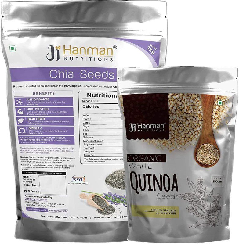 Hanman Nutritions Chia Seeds Weight Loss with Fiber Omega 3 Chia Seeds 1kg Organic With Quinoa Seeds, Quinoa for Weight Loss 250gm Chia Seeds, Quinoa Seeds  (1.25 kg, Pack of 2)