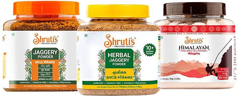 SHRUTIS Combo of Jaggery (700 gm),Herbal Jaggery (700 gm),Pink Salt(1000 gm)(Pck of 3) Combo  (Jaggery (700 gm), Herbal Jaggery (700 gm), Pink Salt 1000 Gm)